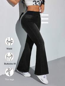 SHEIN PETITE Women's Blue Jeans Skinny Flared Pants Comfortable High Elastic Denim Summer Office Wear Siren Style,Black Jeans
