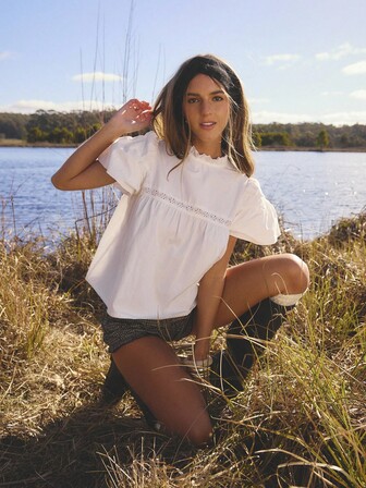 Aralina Blusa casual de mujer de manga abullonada y unicolor, para verano