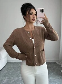 Elenzga 女式纯色长袖单排扣休闲口袋针织开衫，秋季 - 棕色 - 查看 7