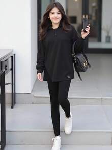 Set de 2 blusas casuales y sueltas de unicolor para niñas, estilo minimalista de uso diario, para primavera/otoño - Negro - Ver 1