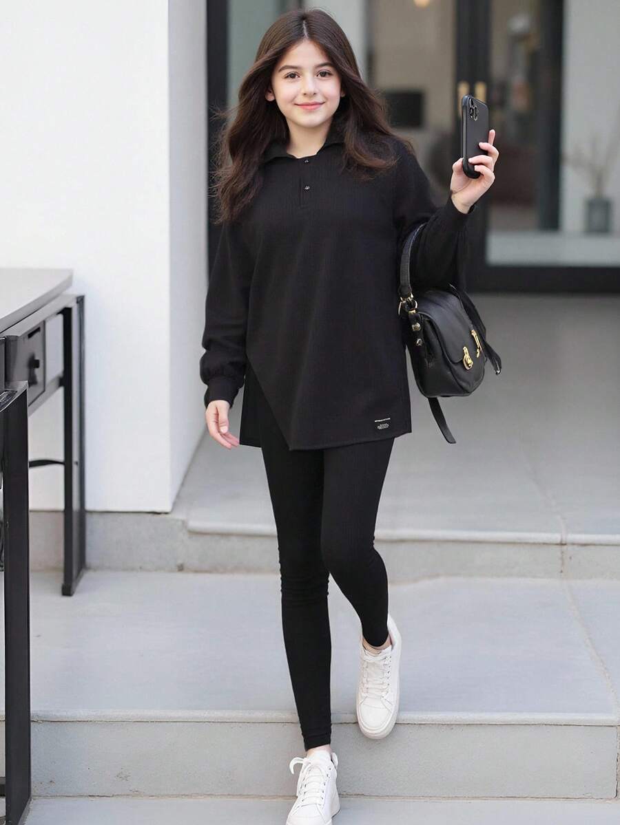 Set de 2 blusas casuales y sueltas de unicolor para niñas, estilo minimalista de uso diario, para primavera/otoño - Negro - Ver 1