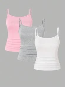 3 件套青少年女孩简约休闲百搭短款百褶吊带背心上衣，可分层穿着或外套 - 彩色 - 查看 1