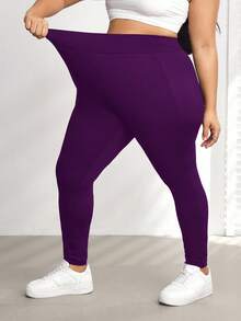 SHEIN CURVE+ Quần legging thể thao yoga co giãn có túi bên hông cỡ lớn, vải thoáng khí, mùa hè - Màu tím - Xem 5
