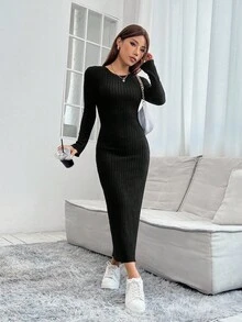 SHEIN PETITE 纯色罗纹针织修身黑色连衣裙 - 黑色 - 查看 6