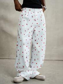 Manfinity Roghcode 休闲宽松阔腿纽扣口袋男士裤子，心形裤，泰迪熊裤，印花裤，白色裤子，适合秋季 - 白色 - 查看 7