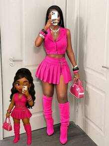 BamGleam Women's Solid Color Lapel NeckWaist Buckle Single-Breasted Short Vest And Pleated Skort 2 Pieces Set, Casual - Pink - View 3