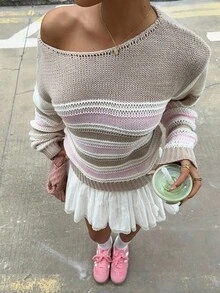 Sunnyshic 女士性感不对称领口套头毛衣 - 彩色 - 查看 6