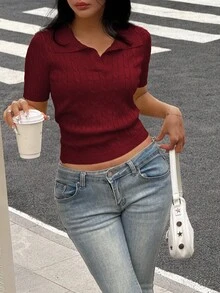 Flirla 女式扭绳马球领麻花图案短袖休闲针织上衣 - 酒紅色 - 查看 6
