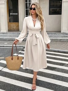 SHEIN Frenchy Damen Einfarbiges V-Ausschnitt elegantes Langarm Midi-Kleid