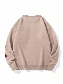 Chillumni Men's Casual Letter Pattern Crew Neck Long Sleeve Loose Knit Sweater, Autumn - Khaki - View 2