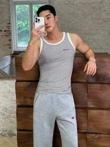 SWAVVY Áo ba lỗ sọc tương phản cổ tròn thường ngày mùa hè cho nam - Đen và trắng - Xem 5