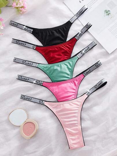 SHEIN 5pcs Multicolor Shiny Satin Thong Panties For Women