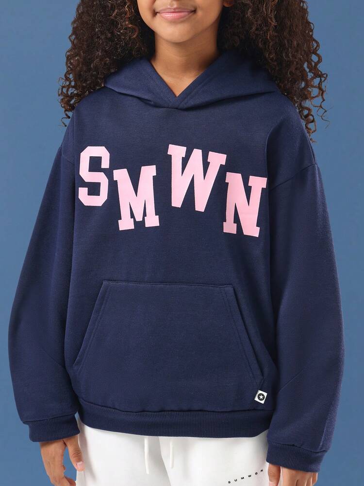 Navy Varsity Letter Print Pullover Hoodie With Centre Pocket