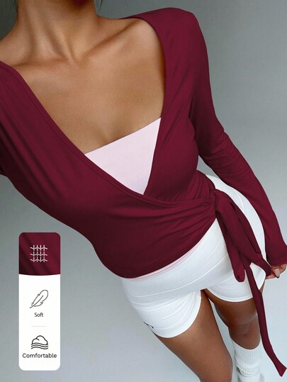 FavEase Różowa, elastyczna, miękka, kopertowa koszulka z dekoltem w serek, długim rękawem i krótkim rękawem, modna, minimalistyczna, swobodna, elegancka, podstawowa część garderoby, niezbędny element garderoby dla kobiet, wiosna/jesień