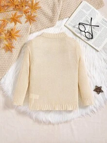 SHEIN 男童杏色休闲舒适百搭斜襟纽扣圆领毛衣，秋冬 - 杏色 - 查看 2