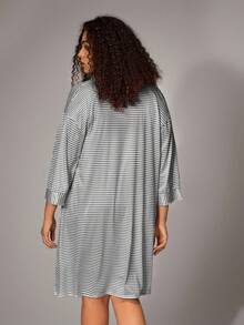 Plus Size Striped Print Simple Casual Sleepwear Dress And Robe Set, Fall Clothes, Cozy Outfit - Light Grey - View 2
