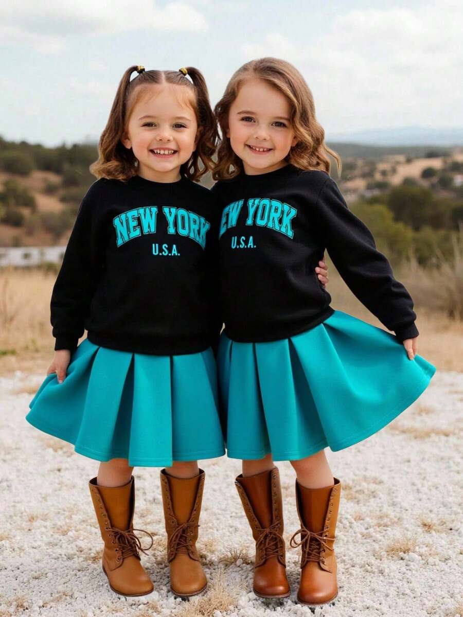 Young Girl Colorful Printed Hoodie And High Waist Pleated Skirt Tracksuit Set, Brushed Thick For Winter Fall - Multicolor - View 1