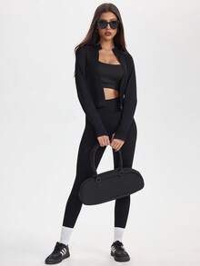 SHEIN Sports Chaqueta con cremallera sin costuras para mujer: Diseño negro de moda con mangas raglán, cuello alto y ajuste ceñido, adecuada para entrenamientos en el gimnasio, correr al aire libre y capas casuales diarias - Negro - Ver 5