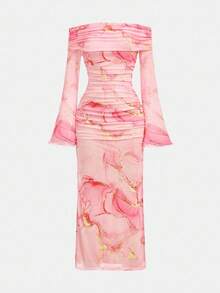 Girlism 少女优雅粉色大理石印花网眼露肩荷叶边开衩长袖连衣裙，适合派对、秋季、Y2K - 粉色 - 查看 7