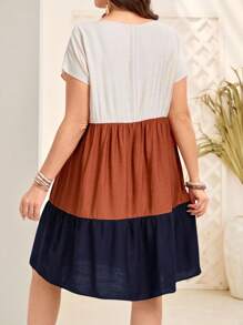 EMERY ROSE 大尺寸圓領短袖優雅溫柔拼接對比色A字摆连衣裙，下擺舒展设计 - 彩色 - 查看 2