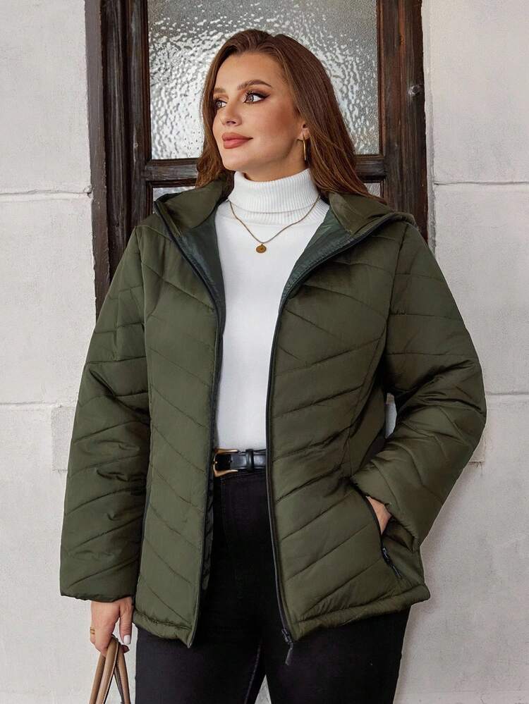 Plus Size Women Winter Casual Solid Color Zip-Up Warm Hooded Thick Padded Coat, Military Green, Winter,Going Out, New,Simple And Fashionable For Everyday Wear,Thickened Padded Coat