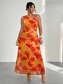 Firerie 大码女式优雅简约时尚基本款 Ins 风格连衣裙，适合办公室、通勤、音乐节、海滩度假，透明不对称领口褶饰紧身无袖长裙