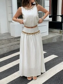 DAZY 波西米亚风休闲女士两件套，无袖修身上衣和 A 字裙 - 杏色 - 查看 4