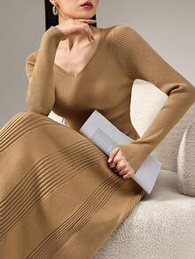 Heiryn Elegant & Versatile Vintage Mermaid Hem Knit Sweater Dress, Suitable For Commuting In Fall/Winter - Khaki - View 1