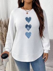 EMERY ROSE Early Autumn Versatile Vacation Minimalist Music Festival Back To School Casual Cute Blue Heart Graphic Print Plus Size Women Waffle Knit Crew Neck Long Sleeve Sweatshirt, Suitable For Early Autumn Transition, Autumn Women Clothing, Autumn Sweatshirt,Fall Clothes For Women Heart Long Sleeve Shirt Women Long Sleeve Tops