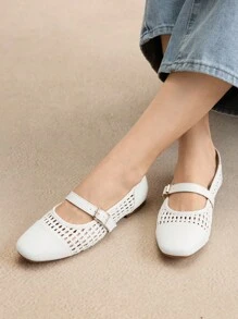 Rosivie 女士 PU 编织透气网眼平底鞋，纯色，方头，踝带，舒适休闲鞋，适合所有季节的可爱鞋子