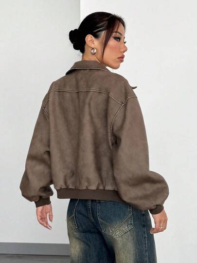 SHEIN EZwear 复古水洗雪花纹理 PU 皮夹克，秋季
