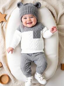 SHEIN 2 pezzi/Set Neonato/Bambino Maschio Casual Grigio, Blu e Bianco a Righe Maglione con Tasche, Bottoni sulla Spalla e Collo Equipaggio, Maniche Lunghe e Pantaloni con Vita Elastica, Tessuto Morbido e Confortevole, Adatto per Primavera, Autunno e Inverno, Uso Esterno, Domestico e Casual
