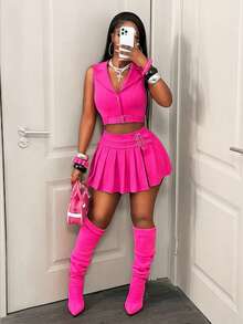 BamGleam Women's Solid Color Lapel NeckWaist Buckle Single-Breasted Short Vest And Pleated Skort 2 Pieces Set, Casual - Pink - View 8