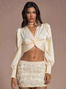 Glamine Apricot Long Sleeve V-Neck Twist Lantern Sleeve Short Blouse, Elegant For Banquet Cream Top Twist Top, Date Night Women's And Autumn Wedding Guest Fall Cloth For Women - Apricot - View 1