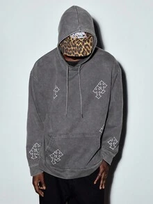 Sudadera con capucha estampada gráfica vintage para hombres MODCRASH, de ajuste regular, casual y cómoda con bolsillo, adecuada para uso diario, streetwear, gótico, emo, otoño, invierno, primavera y verano, estilo retro americano, unisex, de corte relajado, apta para usar a diario y en atuendos de vacaciones de verano. - Gris - View 2