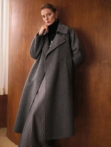 MOTF PREMIUM Áo khoác len thắt eo hai mặt ve áo oversize, mùa thu/đông - Màu xám đen - Xem 8