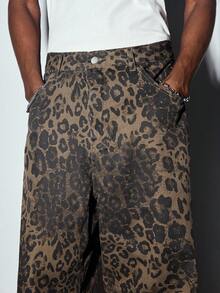 MODCRASH 男士复古豹纹牛仔宽松直筒裤，街头时尚，牛仔裤，秋冬款 - 棕色 - 查看 5