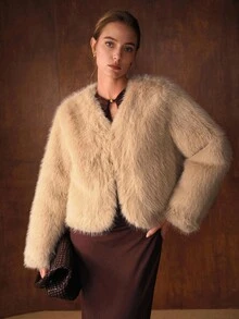 MOTF PREMIUM 女士仿皮草衬里保暖大衣，秋冬 - 駝色 - 查看 5