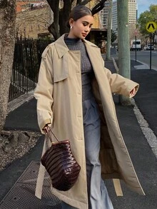 DAZY 女式夹棉大衣，风衣款式，腰部收紧，宽松休闲，都市时尚，秋冬 - 卡其色 - 查看 3