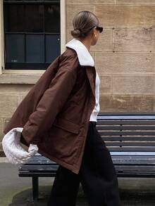 Livesso Casaco parka grosso casual com gola e bolsos, manga comprida, patchwork, acolchoado, para mulheres, outono/inverno