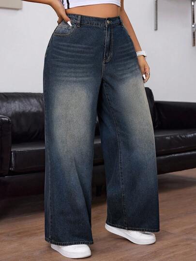 SHEIN CURVE+ 冬季加大码女式牛仔复古风蓝色无弹力宽松直筒裤，牛仔竞技