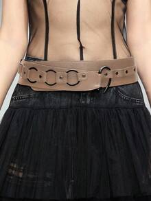 ROMWE Grunge Punk 1 件朋克风格金属环不对称米色宽腰带，Y2K 复古时尚铆钉金属扣皮带，个性化装饰配件腰带 - 杏色 - 查看 4