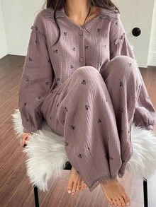 DAZY Ditsy Floral Chiffon Fabric Lace Trim Loose Women Pajama Set, Fall Winter Clothes - Purple - View 1