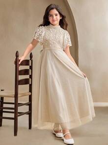 SHEIN Tween Girls' Elegant Floral Print Collared Short Sleeve Dress - Apricot - View 6
