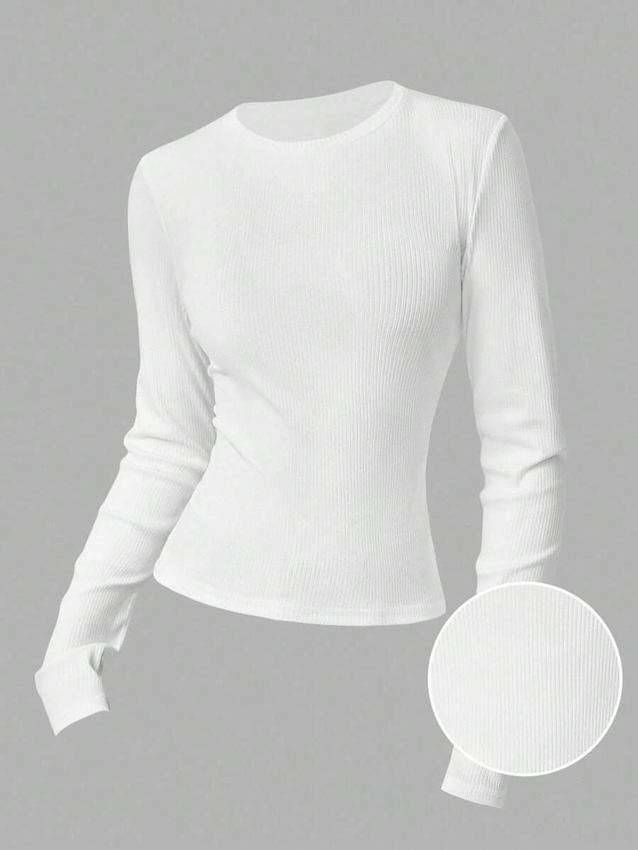 SHEIN Girlism Teen Girls' Basic Minimalist White Long Sleeve Crew Neck T-Shirt, Casual, Minimalist, Home Wear, Winter, Y2K, Vintage