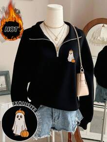 SHEIN Áo nỉ thêu họa tiết bí ngô và ma Halloween dành cho nữ - màu đen - Xem 1