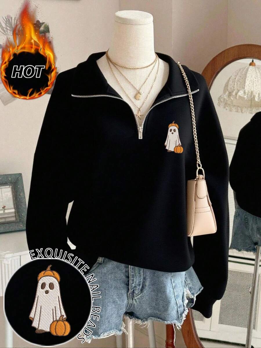 SHEIN Áo nỉ thêu họa tiết bí ngô và ma Halloween dành cho nữ - màu đen - Xem 1