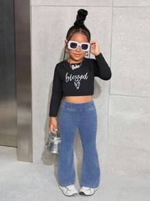 SHEIN Young Girl' Y2KBlue Denim Elastic Skinny Flare Pants,Fall Kid's  Casual And Comfortable  Wear,2000s Style,Stretch Knitted Denim Leggings,Back To School Clothes, Bell Bottom Jeans For Girls, High Waisted Bell Bottoms Jeans, Stretch Bell Bottom Jeans, Girls Bell Bottom Jeans Winter - Light Wash - View 5