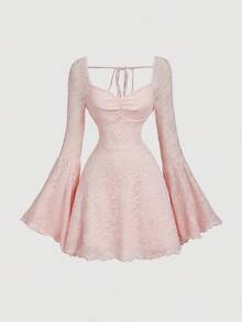 SHEIN MOD Women White Lace Jacquard Flare Sleeve Short Knit Dress,New Years Women Dress,Elegant Dresses For Women