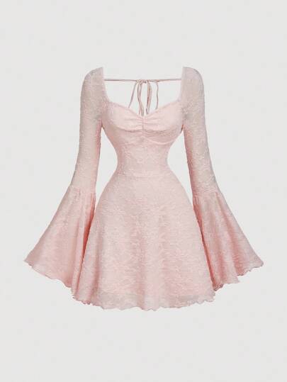 SHEIN MOD Women White Lace Jacquard Flare Sleeve Short Knit Dress,New Years Women Dress,Elegant Dresses For Women